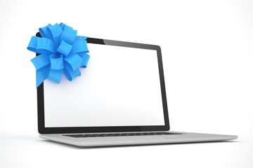 Laptop with blue bow and empty screen. 3D rendering.