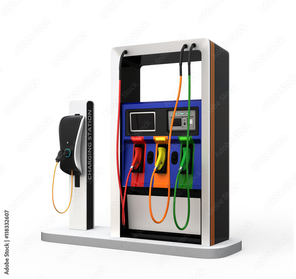 Poster ev charging station and gas station isolated on white background. 3d rendering image with clipping p