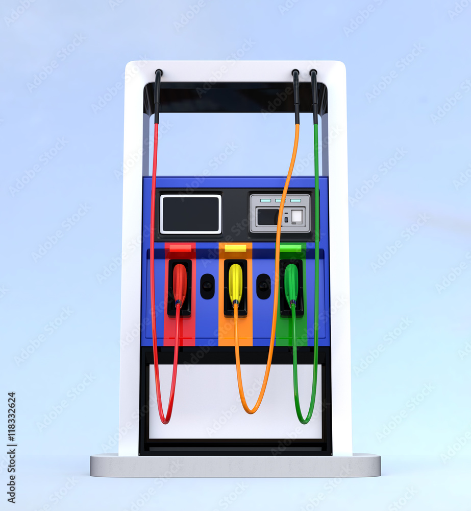 Poster front view of modern fuel dispenser isolated on light blue background. 3d rendering image with clipp