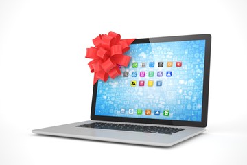 Laptop with red bow and icons. 3D rendering.
