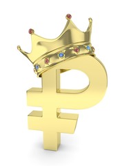 Isolated golden ruble sign with golden crown on white background. Russian currency. Concept of investment, russian market, savings. Power, luxury and wealth. Russia, Belarus. 3D rendering.