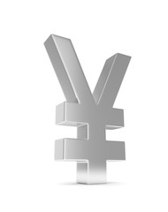 Isolated silver yen yuan sign on white background. Chinese japanese currency. Concept of investment, asian market, savings. Power, luxury and wealth. 3D rendering.