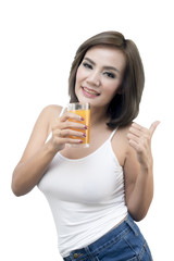 Happy woman drinking orange juice