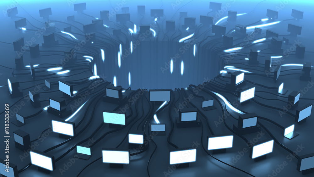 Aufkleber multiple devices and network cable signals, 3d rendering. blue background