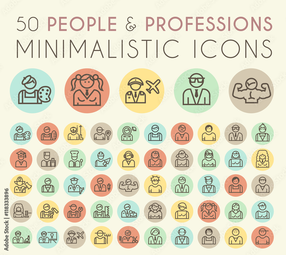 Poster set of 50 isolated universal minimal simple vintage thin line people and professions icons on circul