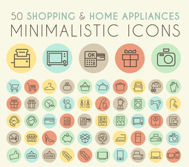 Set of 50 Isolated Universal Minimal Simple Thin Line Shopping and Home Appliances Icons on Circular Color Buttons.