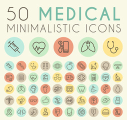 Set of 50 Isolated Universal Minimal Simple Vintage Thin Line Medical Icons on Circular Color Buttons.