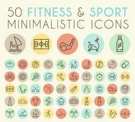Set of 50 Isolated Universal Minimal Simple Vintage Thin Line Fitness and Sport Icons on Circular Color Buttons.