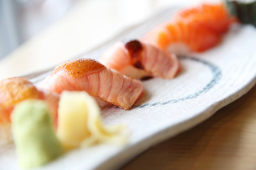 Japanese food salmon sushi set with salmon maki salmon sushi and