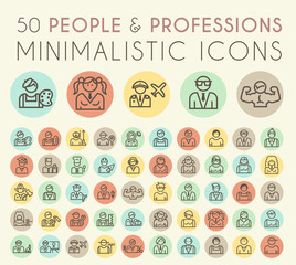 Set of 50 Isolated Universal Minimal Simple Vintage Thin Line People and Professions Icons on Circular Color Buttons.