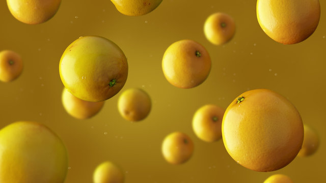 Falling oranges and water drops against yellow background, 3D rendering