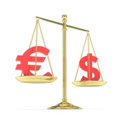 Isolated golden scales with red dollar and euro currency. American and european finance. Measuring of market stability. 3D rendering.