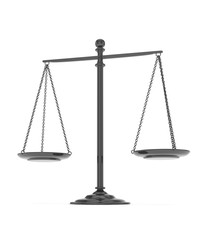 Isolated black scales on white background. Symbol of judgement. Law, measurement, liberty in one concept. 3D rendering.