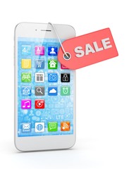 White smart phone with red sale label on white background. Best offer. Leader of sales. 3D rendering.
