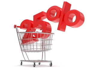 discount 25%, shopping cart on white background. 3d rendering.