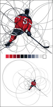 Abstract silhouette of Ice hockey player in blue and white dress, made with circles. Vector image on blue background. Copy of full image for all uses.