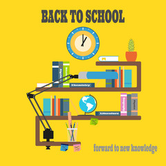 Vector illustration of poster Back to school on the yellow background with rays.