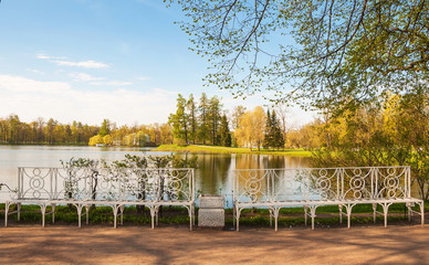 The park with a lake and benches on the island
