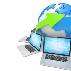 Laptop network around earth globe. 3d render