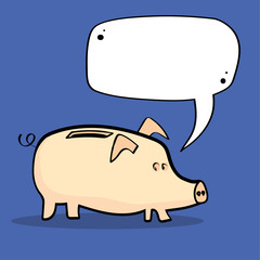 Traditional piggy bank with a coin slot and a curly tail under a blank white speech bubble as copy space for your text