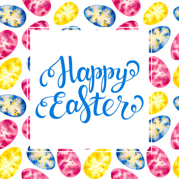 Happy easter card. Easter lettering on seamless pattern watercolor easter egg . Easter vector. Easter holiday. Easter text. Easter background. Easter letter.