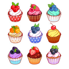 Set of cupcakes with different berries.