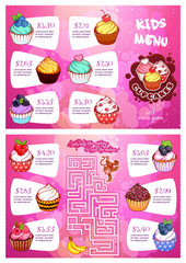 Kids menu with cupcakes and maze game.