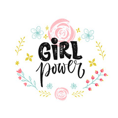 Fototapeta na wymiar Girl power text in hand drawn floral wreath. Vector feminism slogan.
