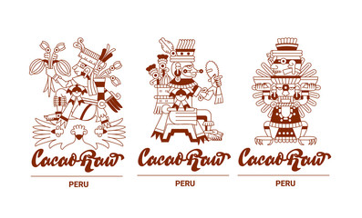 sketch drawing aztec cacao bean, leaves, nibs, pattern for choco