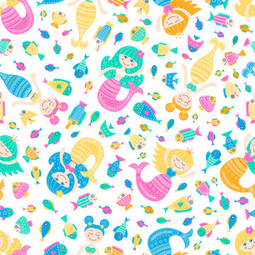 Vector seamless pattern with cute flat mermaid and fish. Cartoon sea girl with doodle ornament. Nice childish background for your design. Light colors marine elements on white backdrop.