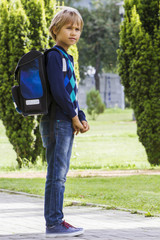 Schoolboy with books and a backpack ready go to school. Outdoor.