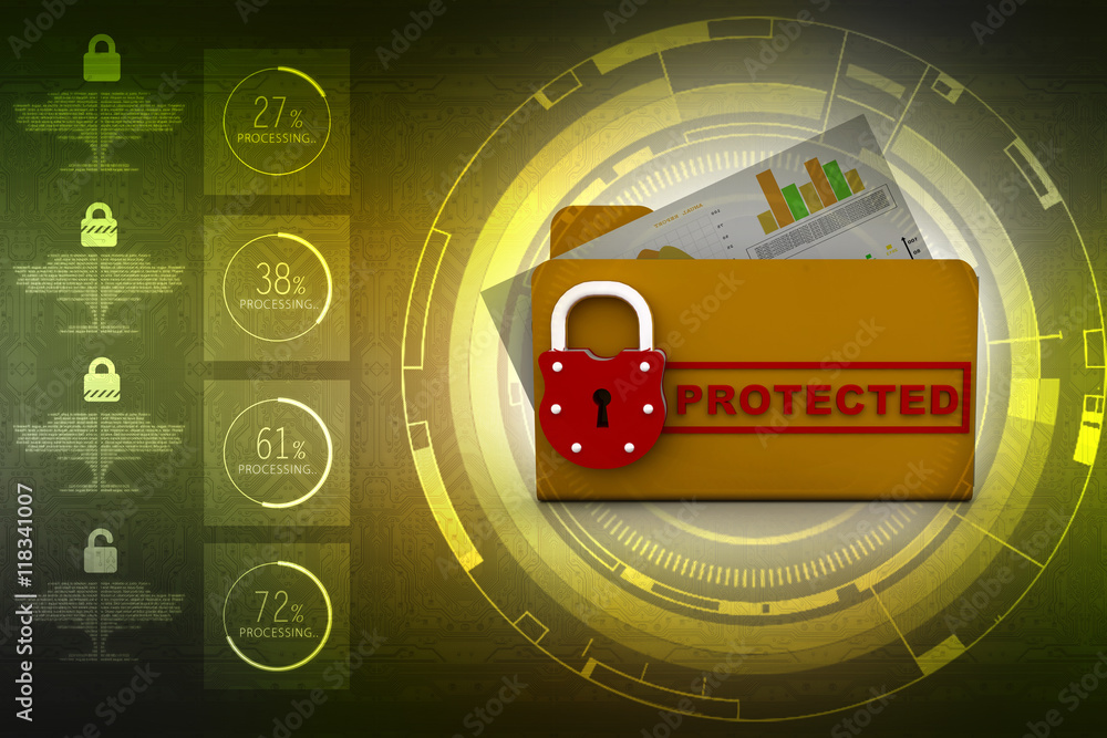 Poster yellow folder and lock. data security concept. 3d rendering