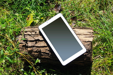 Digital tablet on the log 