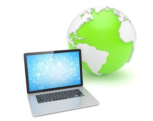 Laptop network and earth globe. 3d render