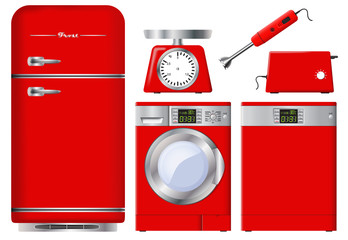 Set of kitchen appliances in red. Realistic vector image.