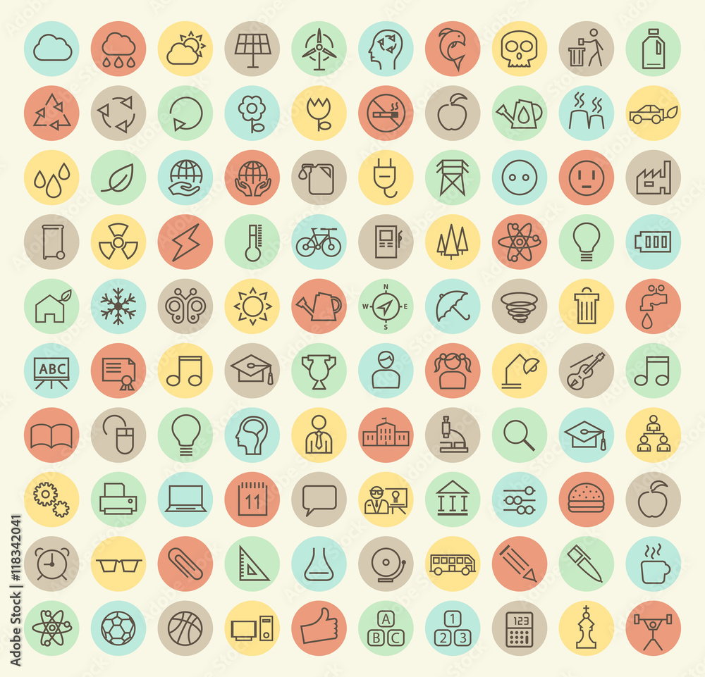 Poster set of 100 isolated universal minimal simple thin line weather, ecology and education icons on circu