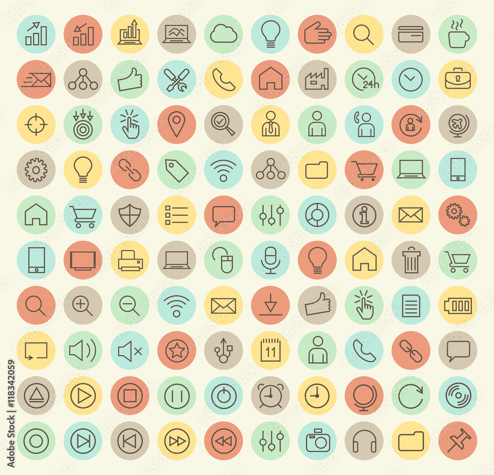 Poster set of 100 isolated universal minimal simple thin line busines, seo and multimedia icons on circular