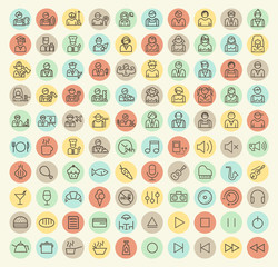 Set of 100 Isolated Universal Minimal Simple Thin Line People, Professions, Music and Restaurant Icons on Circular Color Buttons.