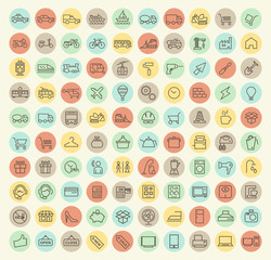 Set of 100 Isolated Universal Minimal Simple Thin Line Transport, Construction, Shopping and Home Appliances Icons on Circular Color Buttons.