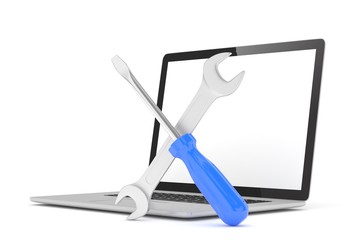 3D Illustration Wrench and screwdriver on laptop, service concept
