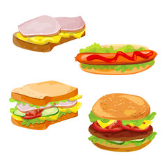 set of sandwiches, hamburgers. fast food