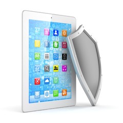 Tablet PC and shield on white device security concept. 3d rendering.