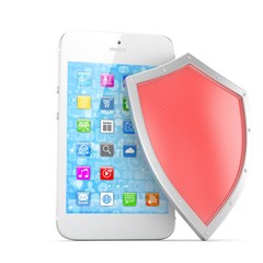 Smartphone and shield on white, security concept. 3d rendering.