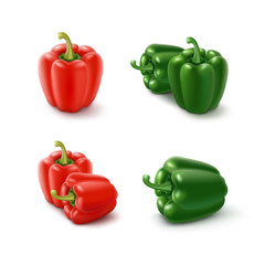 Vector Set of Colored Green and Red Sweet Bulgarian Bell Peppers, Paprika Isolated on White Background