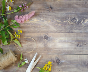 Flowers on wooden background. Top view