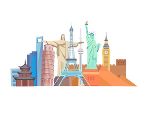 world famous attractions in flat design style. Cartoon collection of memo architecture isolated