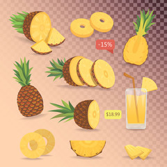 Cartoon isolated set of cute pineapples. Collection sliced vector pineapple.