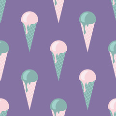 Vector seamless icecream pattern in delicate, tender colors, pink, turquoise, violet, green. Vintage design for wrapping, textile, background, wallpaper, website