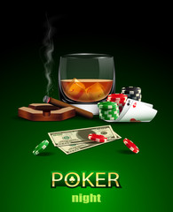 Poker casino poster with chips, cards, glass of whiskey, cigar and money.