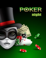 Poker casino poster with mask, chips, cards and money.
